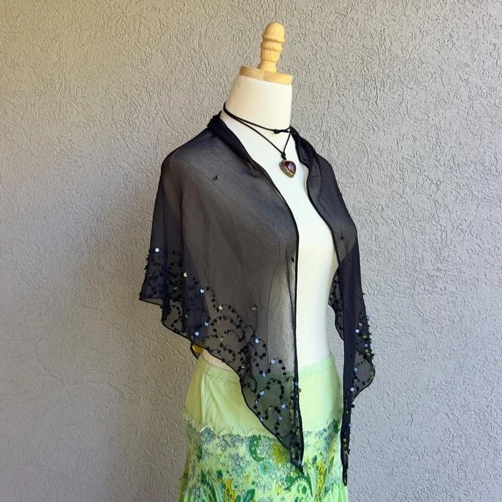 Vintage Black Sequin Shawl Scarf Accessory Whimsigoth